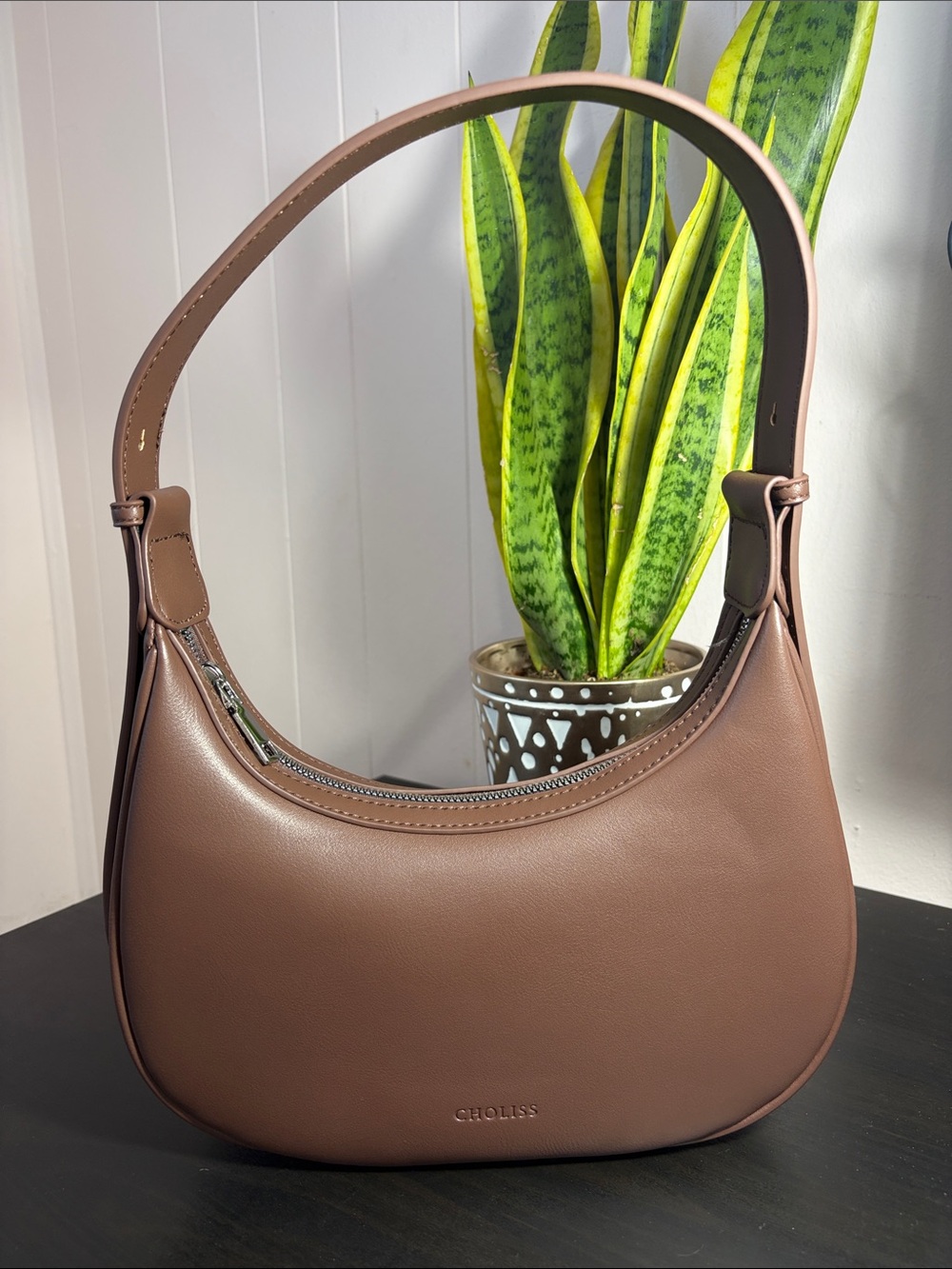 Brown Leather Crescent Shoulder Bag